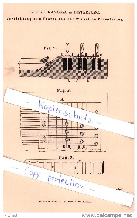 Original Patent - G. Kamossa In Insterburg / Tschernjachowsk , 1883 ,  Festhalten Der Wirbel An Pianofortes !!! - Ostpreussen