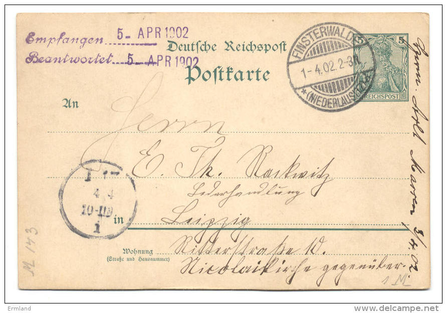 GS Deutsche Reichspost 1902 Von Finsterwalde Nach Leipzig - Sonstige & Ohne Zuordnung