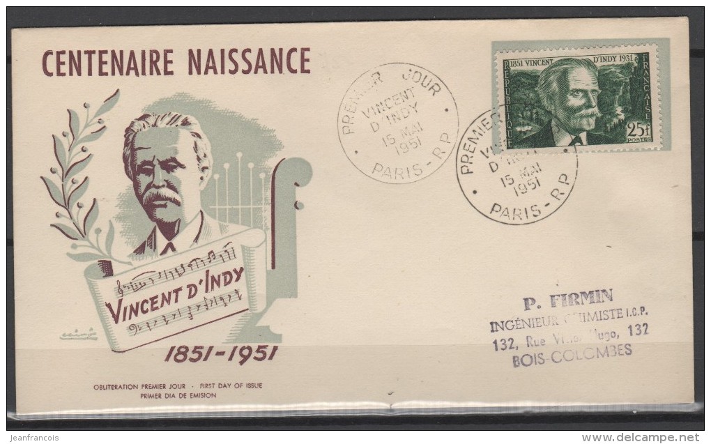 FDC -  Centenaire De La Naissance Vincent D'Indy Du 15 Mai 1951 -  (YT N°890) -  TTB - 1950-1959