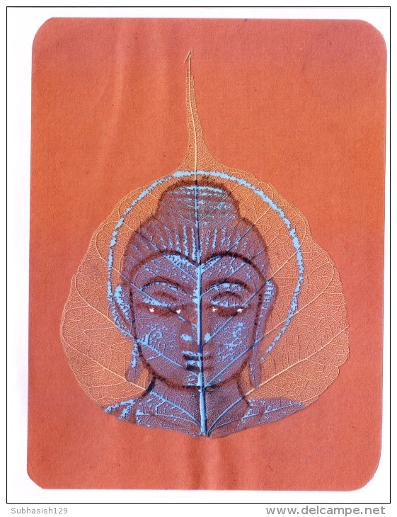 GREETINGS CARD - HAND COLOUR PAINTED LORD BUDDHA ON REAL PIPAL LEAF - Personnages