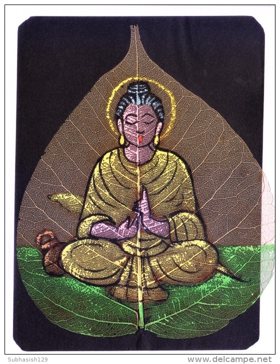 GREETINGS CARD - HAND COLOUR PAINTED LORD BUDDHA ON REAL PIPAL LEAF - Personaggi