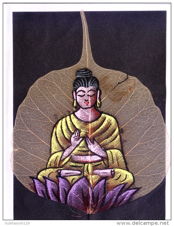 GREETINGS CARD - HAND COLOUR PAINTED LORD BUDDHA ON REAL PIPAL LEAF - Personajes