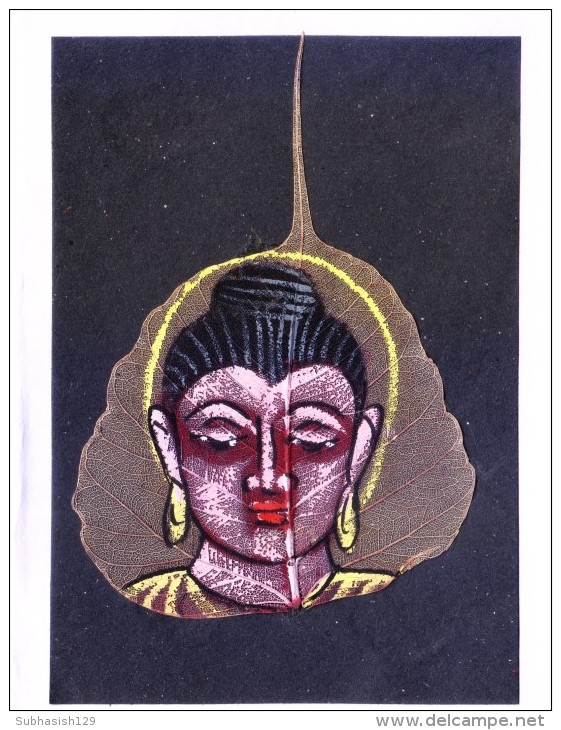 GREETINGS CARD - HAND COLOUR PAINTED LORD BUDDHA ON REAL PIPAL LEAF - Personajes