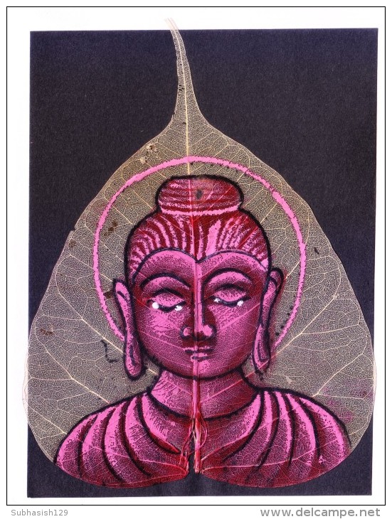GREETINGS CARD - HAND COLOUR PAINTED LORD BUDDHA ON REAL PIPAL LEAF - People
