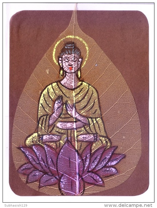 GREETINGS CARD - HAND COLOUR PAINTED LORD BUDDHA ON REAL PIPAL LEAF - People