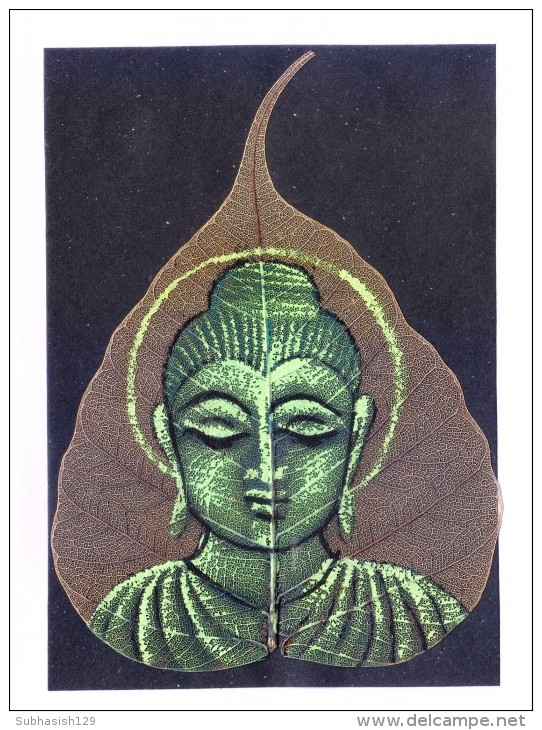 GREETINGS CARD - HAND COLOUR PAINTED LORD BUDDHA ON REAL PIPAL LEAF - People