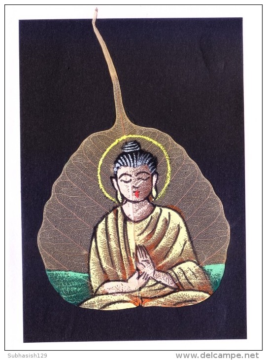 GREETINGS CARD - HAND COLOUR PAINTED LORD BUDDHA ON REAL PIPAL LEAF - Personaggi