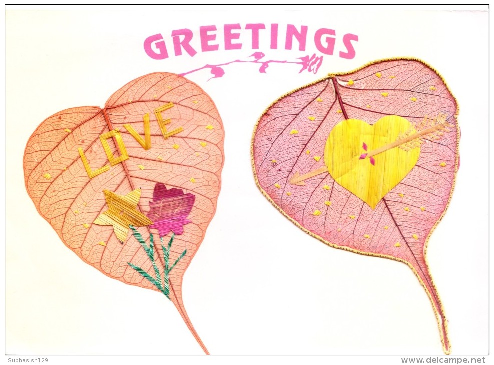 GREETINGS CARD - HAND CRAFTED WITH PADDY STRAW ON REAL PIPAL LEAF - People