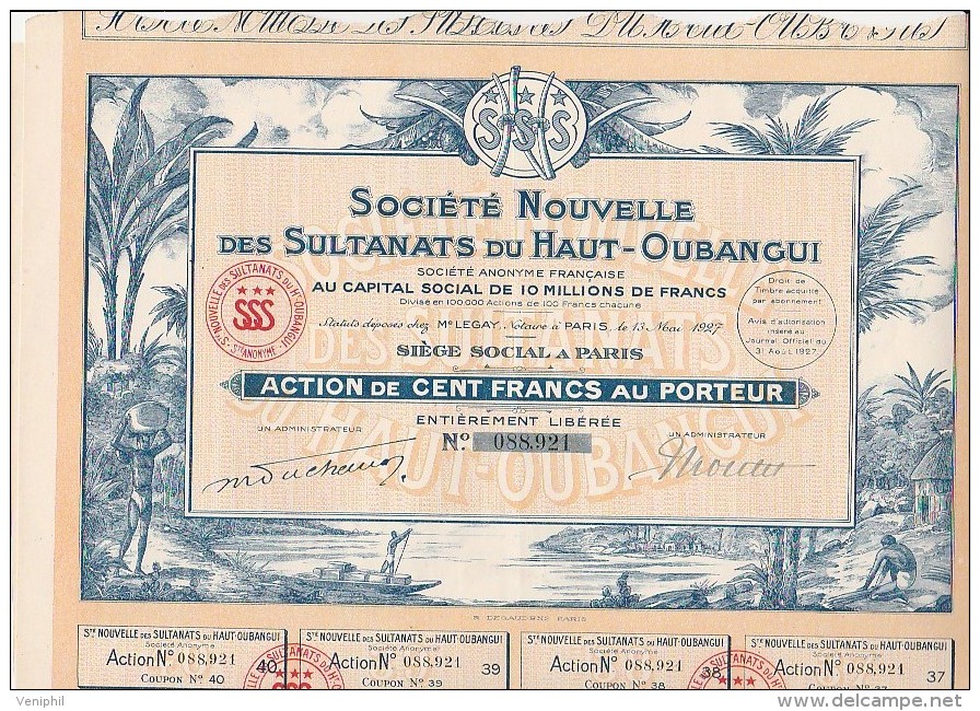 SOCIETE NOUVELLE DES SULTANATS DU HAUT -OUBANGUI -ACTION DE 100 FRANCS - 1927 - Afrique