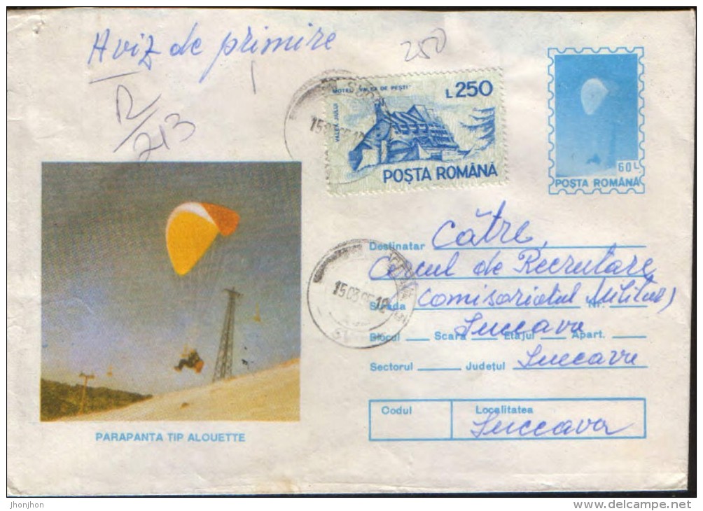 Romania - Stationery Cover Circulated 1993 - Parachutting - Paragliding Type Alouette - Parachutting