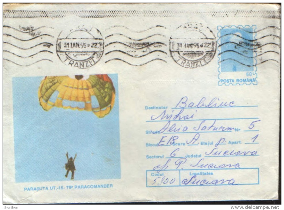Romania - Stationery Cover Circulated 1993 - Parachutting - Parachute UT.-15 Type Paracomander - Parachutting