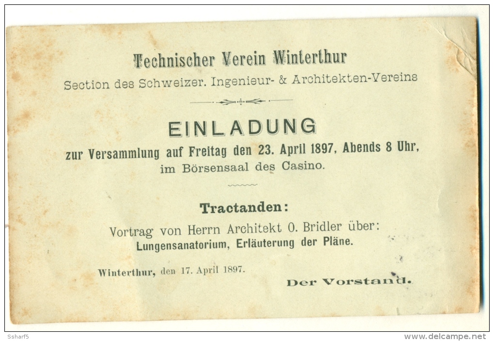 Technischer Verein Winterthur EINLADUNG Architekt Bridler Lungensanatorium 1897 - Winterthur