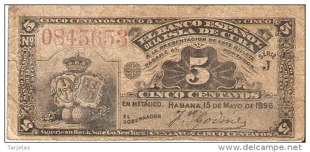 BILLETE DEL BANCO ESPAÑOL EN CUBA DE 5 CENTAVOS DEL AÑO 1896 (BANKNOTE) - Cuba