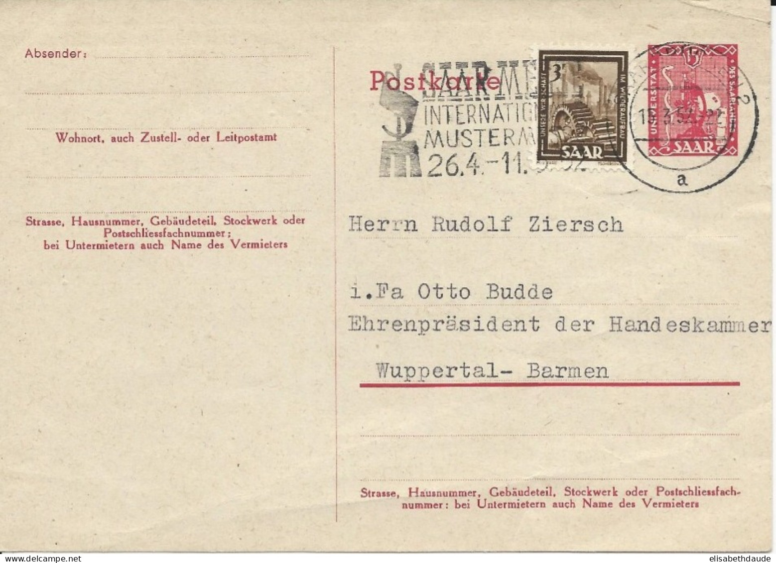 SARRE - 1952 - CARTE POSTALE ENTIER De SAARBRÜCKEN Pour WUPPERTAL - Interi Postali