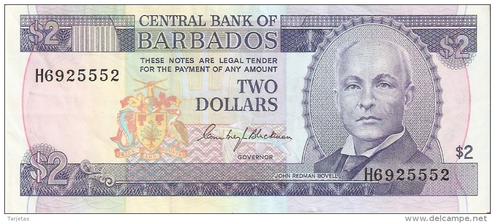 BILLETE DE BARBADOS DE 2 DOLLARS DEL AÑO 1986  (BANKNOTE) - Barbados