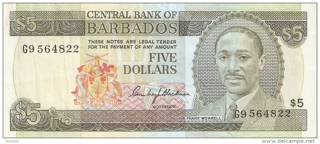 BILLETE DE BARBADOS DE 5 DOLLARS DEL AÑO 1975  (BANKNOTE) - Barbados