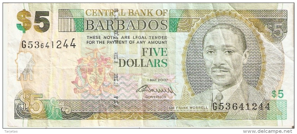 BILLETE DE BARBADOS DE 5 DOLLARS DEL AÑO 2007  (BANKNOTE) - Barbados