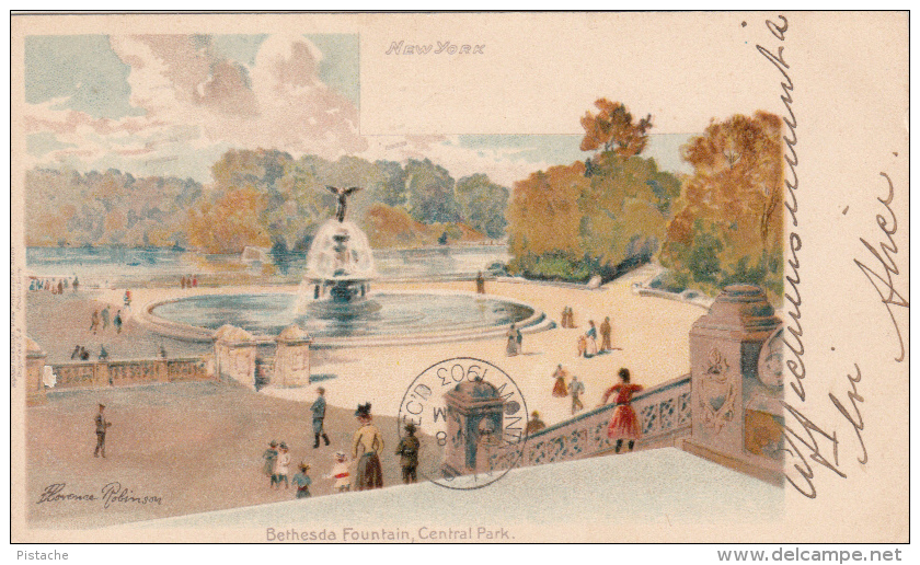 Vintage 1903 - Bethesda Fountain - Central Park New York - Simple Back - 2 Scans - Illustration Florence Robinson - Central Park