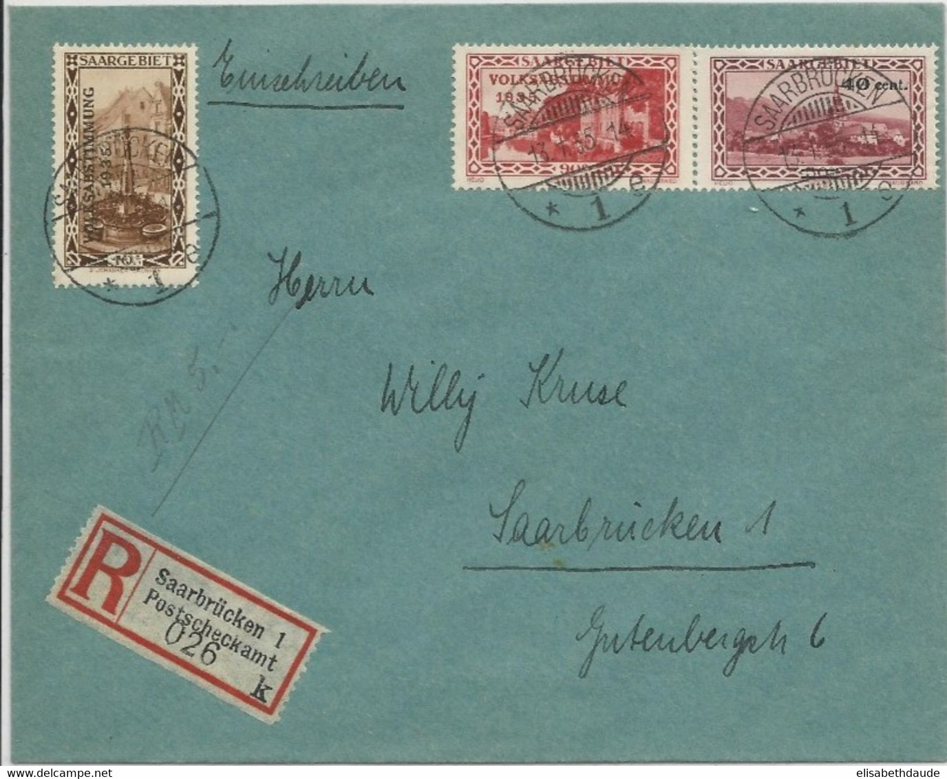 SAAR - 13 JANVIER 1935 (DATE Du REFERENDUM - VOLKSABSTIMMUNG) - ENVELOPPE RECOMMANDEE De SAARBRÜCKEN - Briefe U. Dokumente