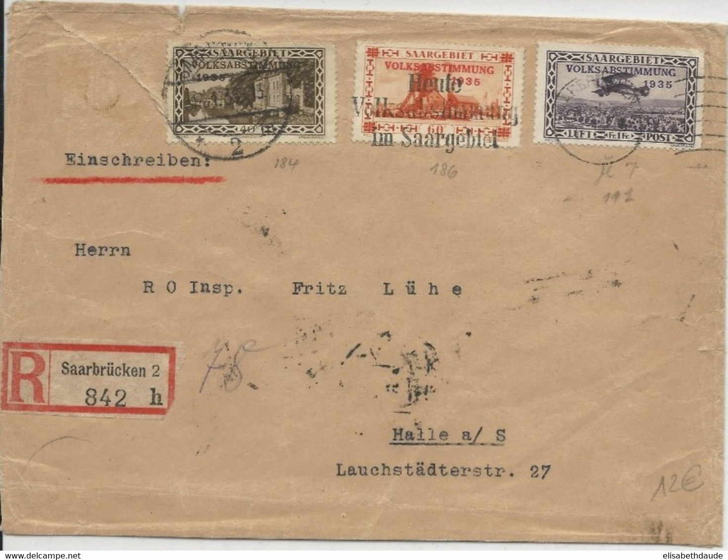 SAAR - 13 JANVIER 1935 (DATE Du REFERENDUM - VOLKSABSTIMMUNG) - ENVELOPPE RECOMMANDEE De SAARBRÜCKEN Pour HALLE - Covers & Documents