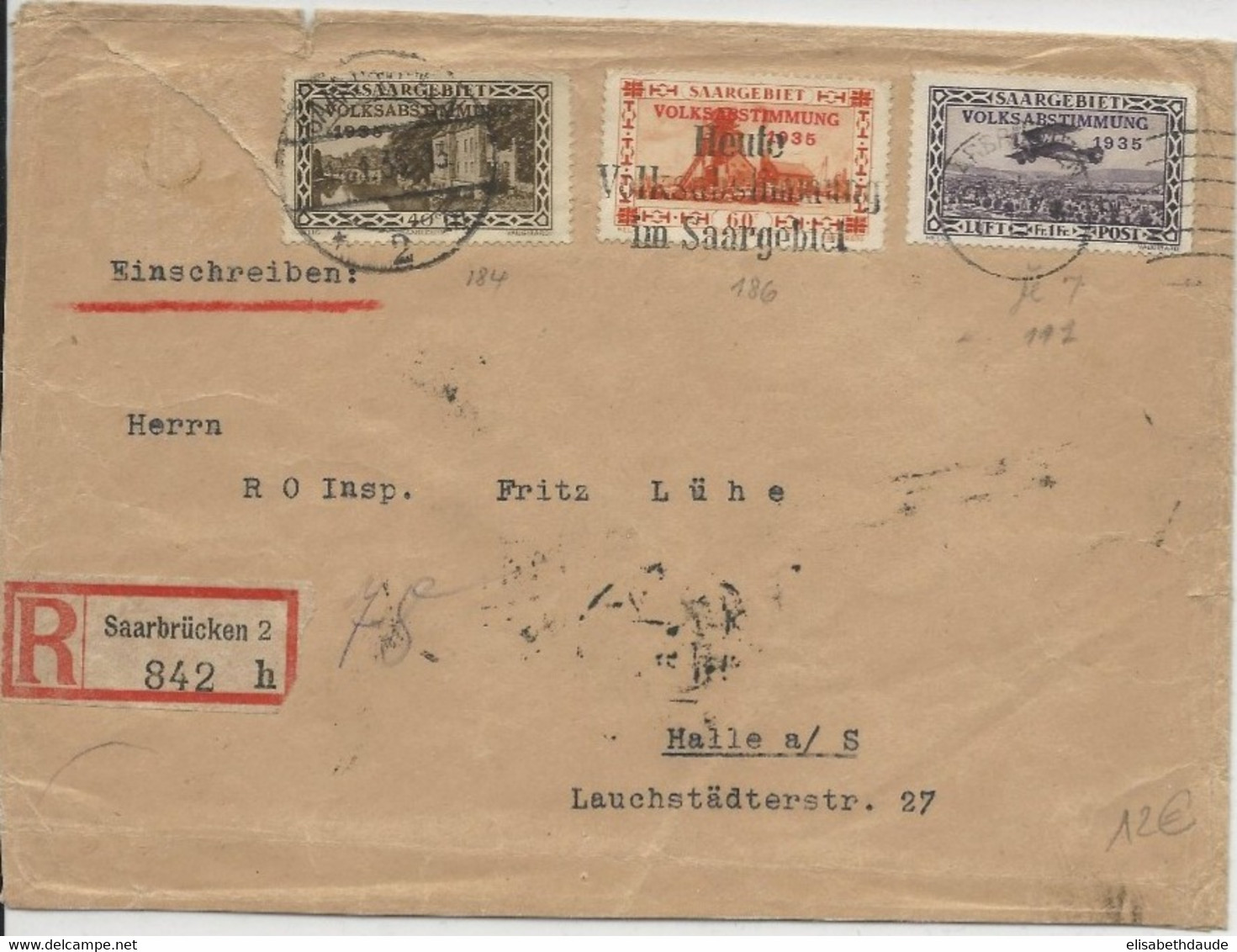 SAAR - 13 JANVIER 1935 (DATE Du REFERENDUM - VOLKSABSTIMMUNG) - ENVELOPPE RECOMMANDEE De SAARBRÜCKEN Pour HALLE - Briefe U. Dokumente