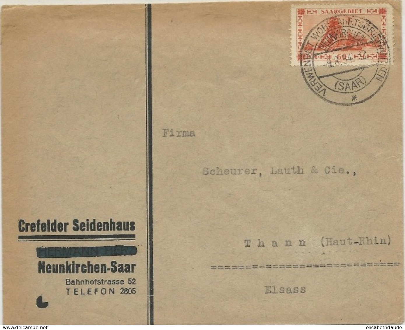 SAAR - 1934 - ENVELOPPE De NEUNKIRCHEN Pour THANN - Briefe U. Dokumente