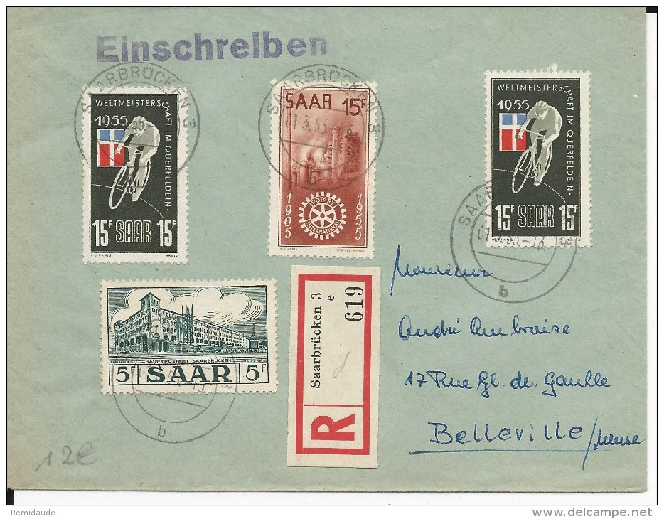 SAAR - 1953 - ENVELOPPE RECOMMANDEE De SAARBRÜCKEN Pour BELLEVILLE Sur MEUSE - Lettres & Documents