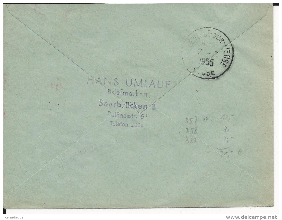 SAAR - 1953 - ENVELOPPE RECOMMANDEE De SAARBRÜCKEN Pour BELLEVILLE Sur MEUSE - Briefe U. Dokumente