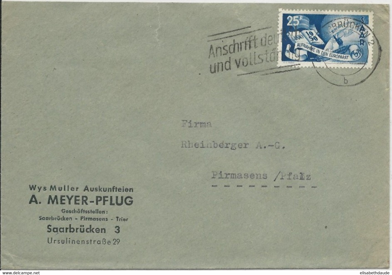 SAAR - 1950 - MiNr.297 SEUL Sur ENVELOPPE De SAARBRÜCKEN Pour PIRMASENS - Lettres & Documents