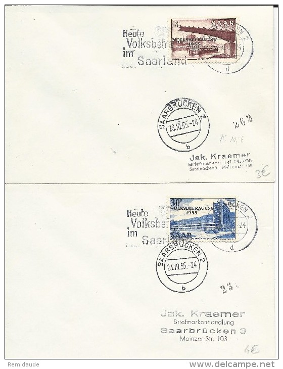 SAAR - 22 OCTOBRE 1955 : REFERENDUM - MiNr.363 + 364 Sur ENVELOPPES De SAARBRÜCKEN - Cartas & Documentos