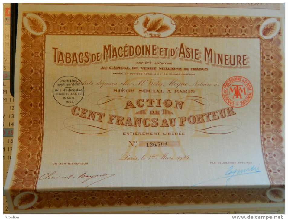 ACTION TABACS DE MACEDOINE ET D'ASIE MINEURE 1925 - Landbouw