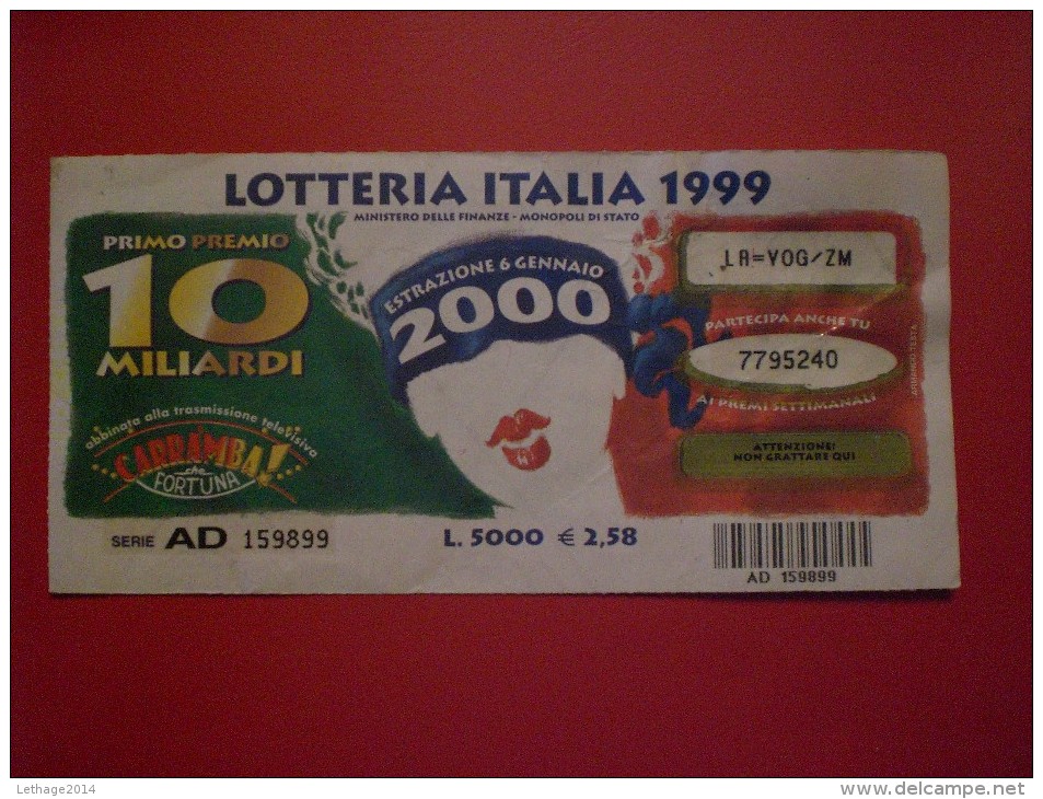 BIGLIETTO LOTTERIA NAZIONALE ITALIA 1999 " CARRAMBA CHE FORTUNA!!! SERIE AD - Lottery Tickets