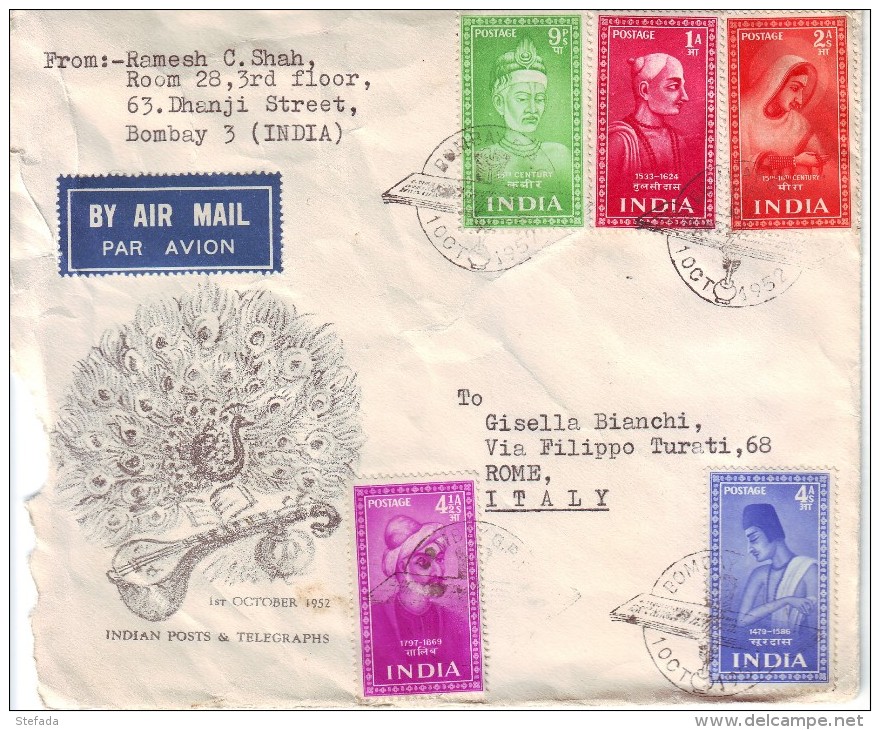 1952 INDIAN POETS Complet Set  FDC TO ITALY ROME - Ungebraucht