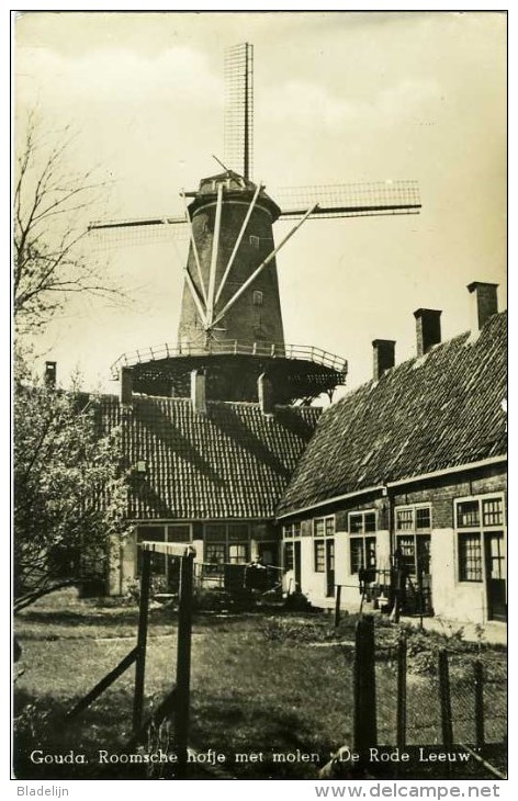 GOUDA (Zuid-Holland) - Molen/moulin - Stellingmolen De Roode Leeuw Omstreeks 1930 Met Het Verdwenen Roomsche Hofje - Gouda