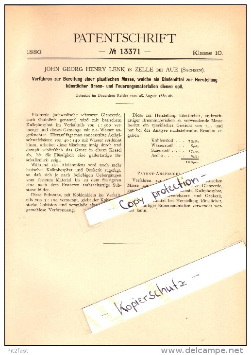 Original Patent - J.G.H. Lenk In Zelle B. Aue , Sachsen , 1880 , Bereitung Einer Plastischen Masse !!! - Aue