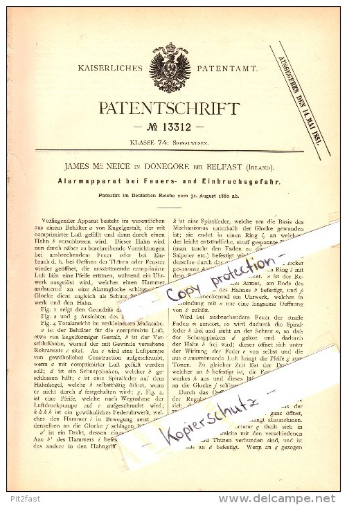 Original Patent - James Mc Neice In Donegore B. Belfast , 1880 , An Alarm System In Case Of Fire And Burglary !! - Other & Unclassified