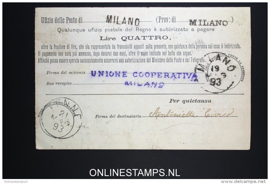 Italy: Cartolina Vaglia Used 1893 - Entiers Postaux