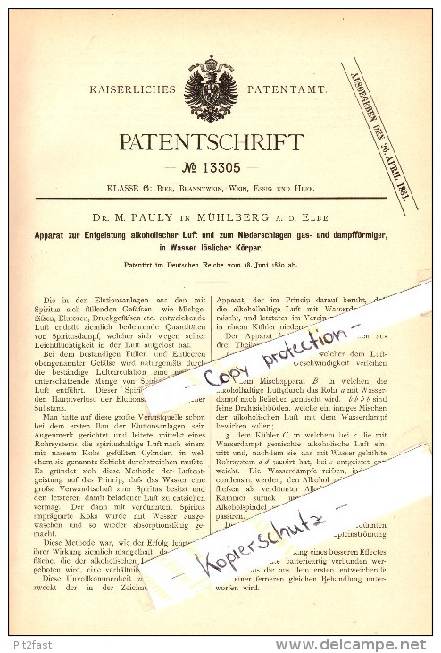 Original Patent - Dr. M. Pauly In Mühlberg A.d. Elbe , 1880 , Apparat Zur Entgeistung Alkoholischer Luft , Brauerei !!! - Mühlberg