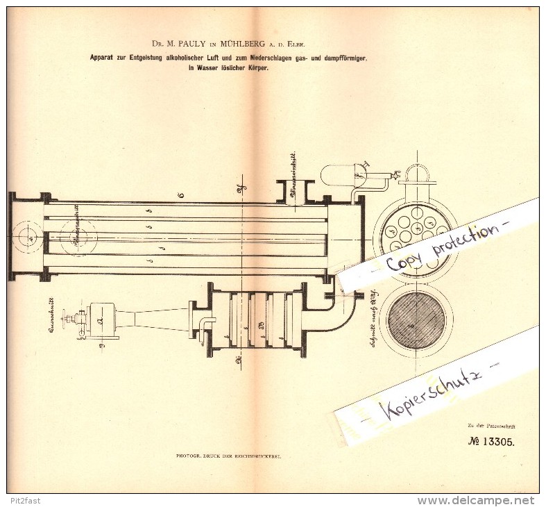 Original Patent - Dr. M. Pauly In Mühlberg A.d. Elbe , 1880 , Apparat Zur Entgeistung Alkoholischer Luft , Brauerei !!! - Mühlberg