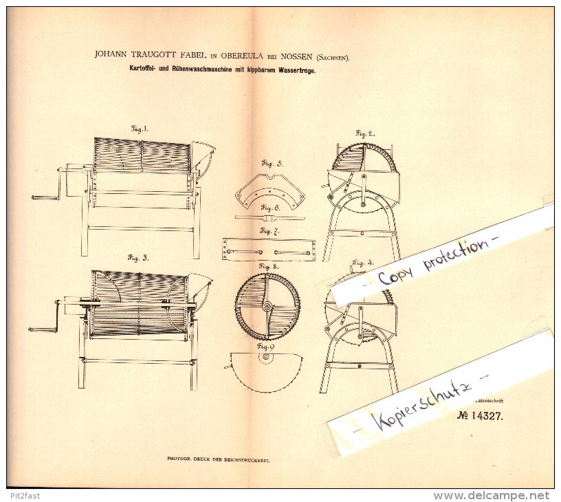 Original Patent - Johann Fabel In Obereula B. Nossen , 1880 , Kartoffel- Und Rübenwaschmaschine !!! - Nossen