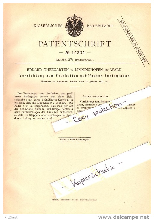 Original Patent - Eduard Theegarten In Limminghofen B. Wald / Solingen , 1881 , Vorrichtung Für Schlagladen !!! - Solingen