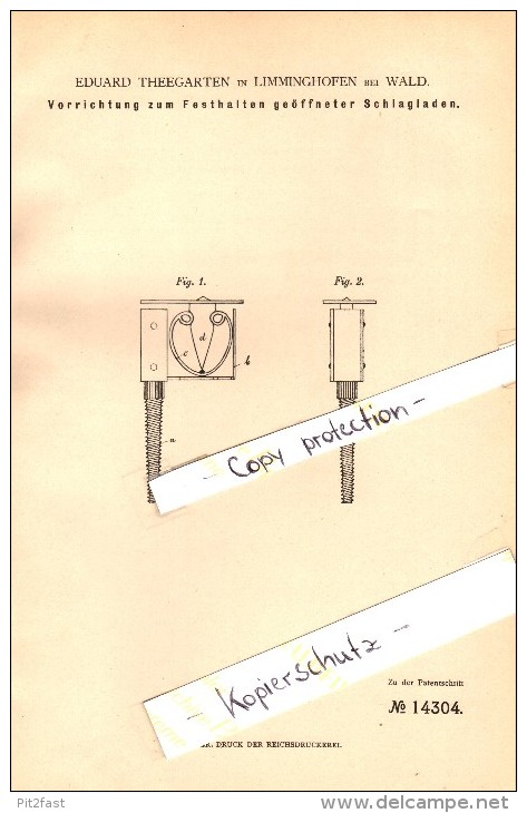 Original Patent - Eduard Theegarten In Limminghofen B. Wald / Solingen , 1881 , Vorrichtung Für Schlagladen !!! - Solingen