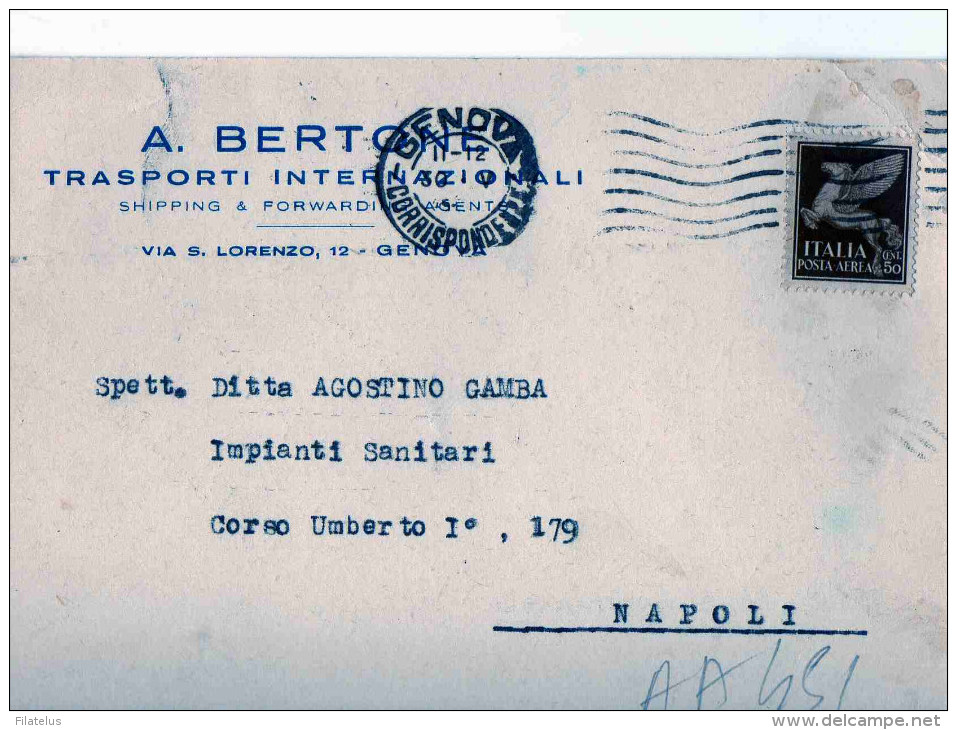 CARTOLINA POSTALE PUBBLICITARIA--GENOVA-DITTA BERTONE-TRASPORTI INTERNAZIONALI-POSTA AEREA  CENT.50 - Luftpost