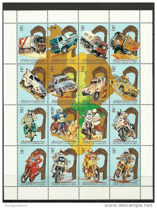 1991-Libya - Minisheet Rally Paris-Dakar- MNH-Motocycles-Cars-Bikes-Autos-Trucks - Motorbikes