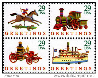 1992 USA Christmas Greetings Toys Stamps Sc#2711-14 2714a Toy Horse Train Steamer Car Ship Flag - Other & Unclassified