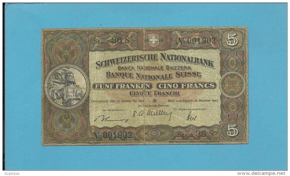 SWITZERLAND - 5 FRANCS - 1947 - Pick 11.m - Serie 36 S  - William Tell - BANQUE NATIONALE SUISSE - Suiza