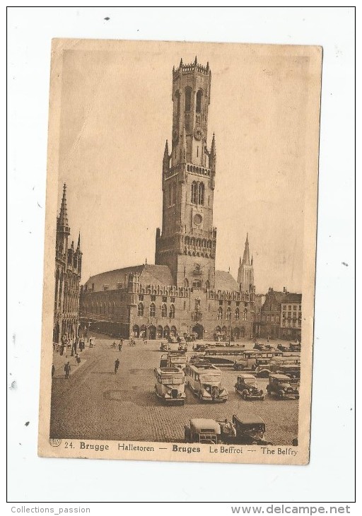 Cp , Automoiles , Bus & Autocars , Brugge , Bruges , Le Beffroi , Voyagée 1930  , Ed : De Reyghere - Buses & Coaches