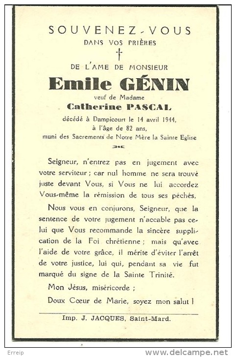 Rouvroy Dampicourt  Emile Genin Veuf De Catherine Pascal 1862 1944 - Rouvroy