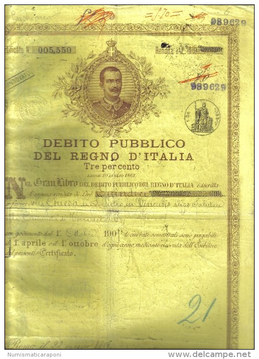 Debito Pubblico Del Regno D'italia 1906 Certificato Con Cedole Non Perfetto LEGGE 10 LUGLIO 1861  Cod.doc.088 - Documents Historiques