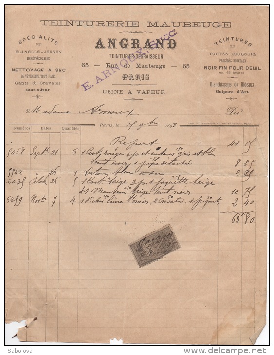 4 Factures Même Modèle Dont Une Avec Timbre De Quittance  1893 Et 1895  ANGRAND Teinturerie Paris - Other & Unclassified